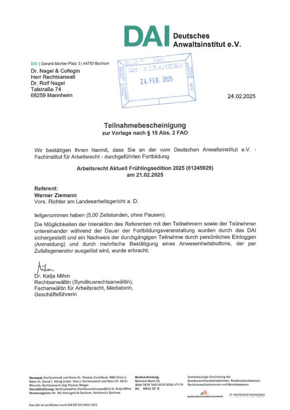 Teilnahmebescheinigung Rolf Nagel